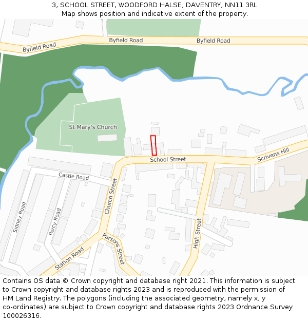 3, SCHOOL STREET, WOODFORD HALSE, DAVENTRY, NN11 3RL: Location map and indicative extent of plot