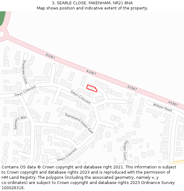 3, SEARLE CLOSE, FAKENHAM, NR21 8NA: Location map and indicative extent of plot