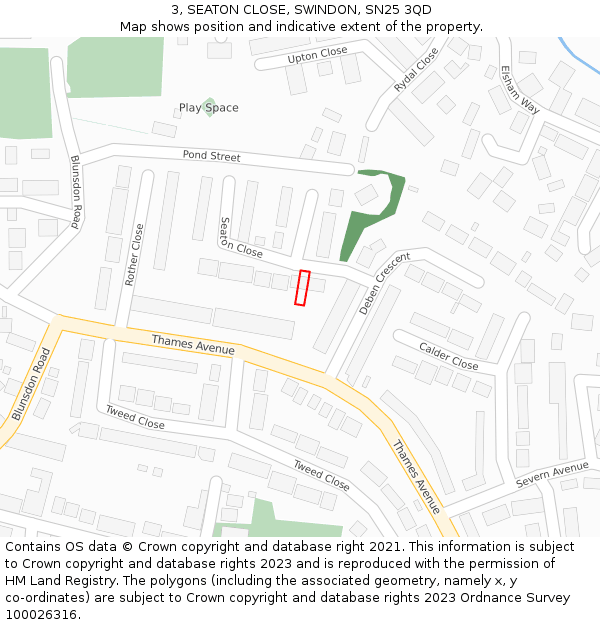 3, SEATON CLOSE, SWINDON, SN25 3QD: Location map and indicative extent of plot