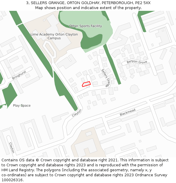 3, SELLERS GRANGE, ORTON GOLDHAY, PETERBOROUGH, PE2 5XX: Location map and indicative extent of plot