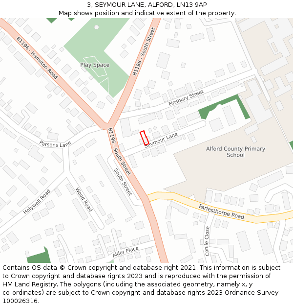 3, SEYMOUR LANE, ALFORD, LN13 9AP: Location map and indicative extent of plot