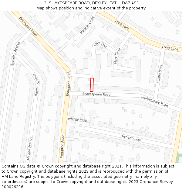3, SHAKESPEARE ROAD, BEXLEYHEATH, DA7 4SF: Location map and indicative extent of plot