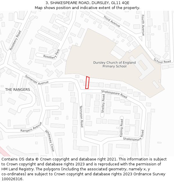3, SHAKESPEARE ROAD, DURSLEY, GL11 4QE: Location map and indicative extent of plot
