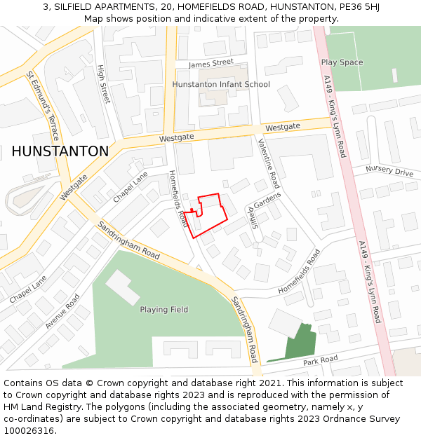 3, SILFIELD APARTMENTS, 20, HOMEFIELDS ROAD, HUNSTANTON, PE36 5HJ: Location map and indicative extent of plot