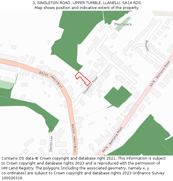 3, SINGLETON ROAD, UPPER TUMBLE, LLANELLI, SA14 6DS: Location map and indicative extent of plot