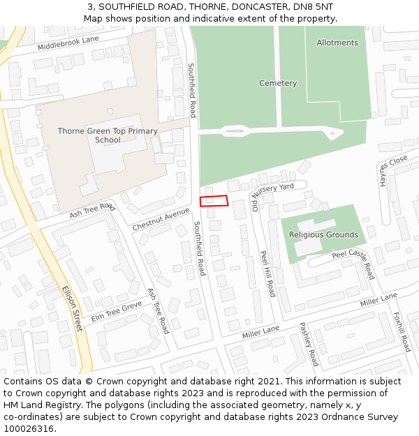 3, SOUTHFIELD ROAD, THORNE, DONCASTER, DN8 5NT: Location map and indicative extent of plot
