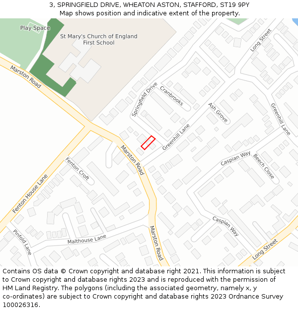 3, SPRINGFIELD DRIVE, WHEATON ASTON, STAFFORD, ST19 9PY: Location map and indicative extent of plot