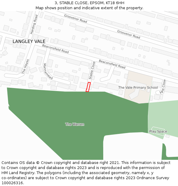 3, STABLE CLOSE, EPSOM, KT18 6HH: Location map and indicative extent of plot