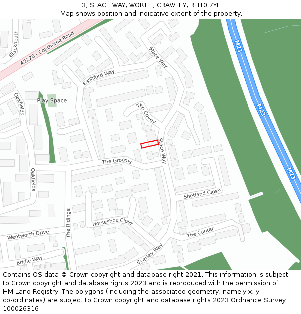 3, STACE WAY, WORTH, CRAWLEY, RH10 7YL: Location map and indicative extent of plot
