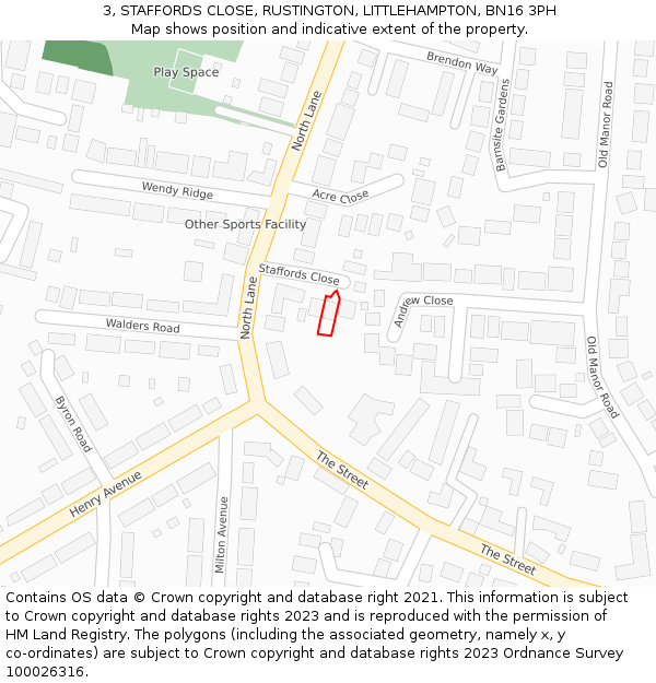 3, STAFFORDS CLOSE, RUSTINGTON, LITTLEHAMPTON, BN16 3PH: Location map and indicative extent of plot