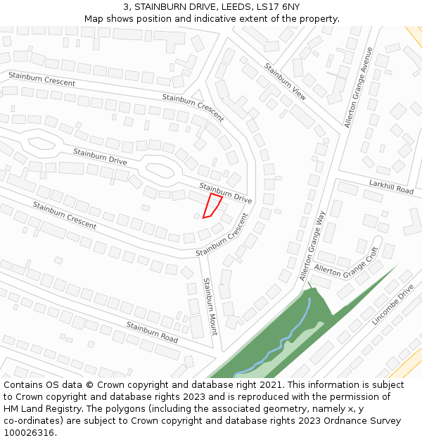 3, STAINBURN DRIVE, LEEDS, LS17 6NY: Location map and indicative extent of plot