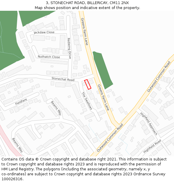 3, STONECHAT ROAD, BILLERICAY, CM11 2NX: Location map and indicative extent of plot