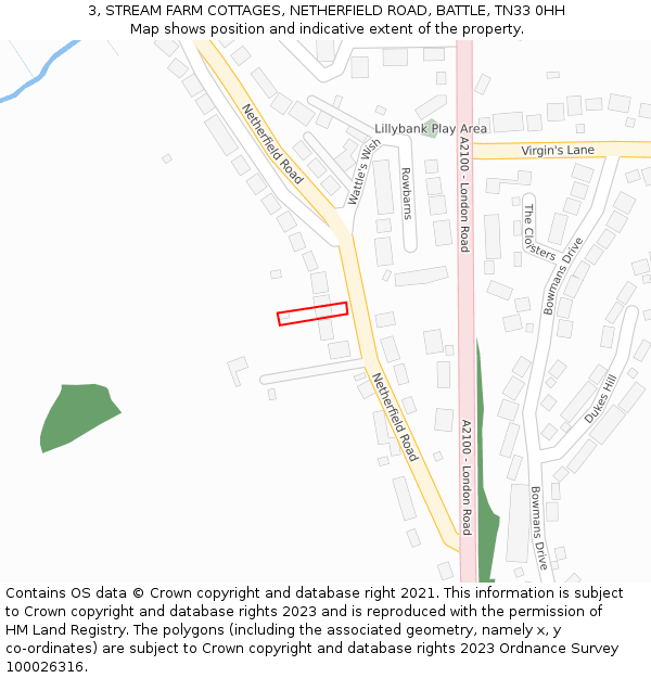 3, STREAM FARM COTTAGES, NETHERFIELD ROAD, BATTLE, TN33 0HH: Location map and indicative extent of plot