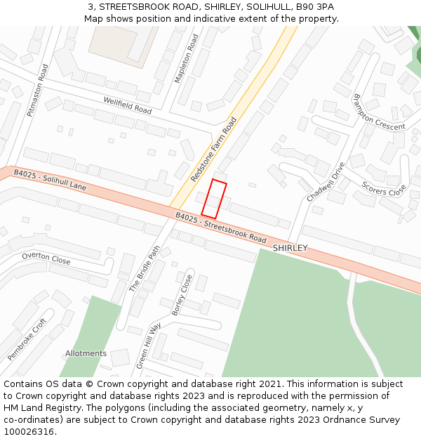 3, STREETSBROOK ROAD, SHIRLEY, SOLIHULL, B90 3PA: Location map and indicative extent of plot