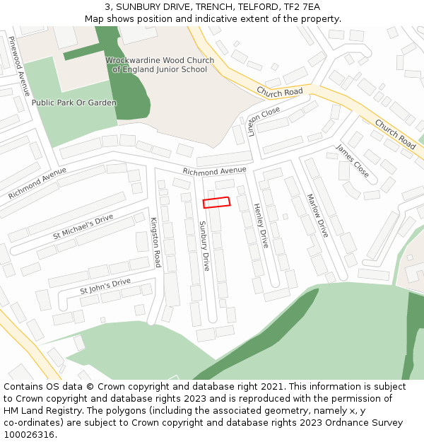 3, SUNBURY DRIVE, TRENCH, TELFORD, TF2 7EA: Location map and indicative extent of plot