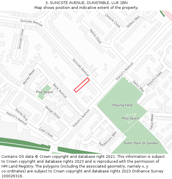 3, SUNCOTE AVENUE, DUNSTABLE, LU6 1BN: Location map and indicative extent of plot