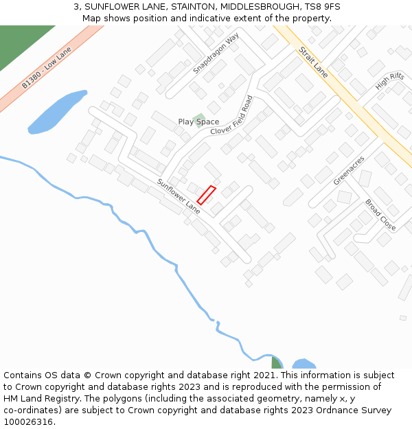 3, SUNFLOWER LANE, STAINTON, MIDDLESBROUGH, TS8 9FS: Location map and indicative extent of plot