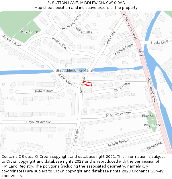 3, SUTTON LANE, MIDDLEWICH, CW10 0AD: Location map and indicative extent of plot