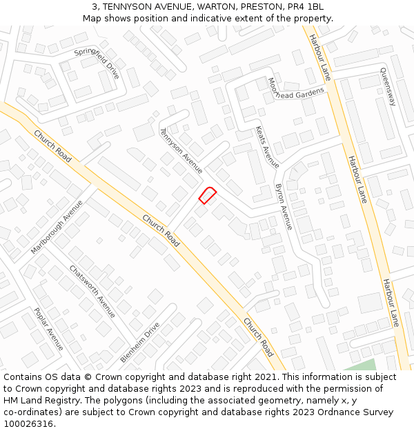3, TENNYSON AVENUE, WARTON, PRESTON, PR4 1BL: Location map and indicative extent of plot