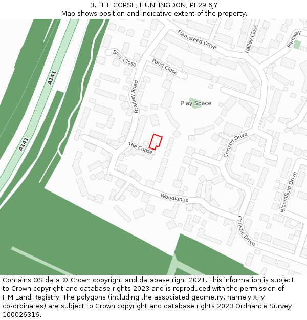 3, THE COPSE, HUNTINGDON, PE29 6JY: Location map and indicative extent of plot