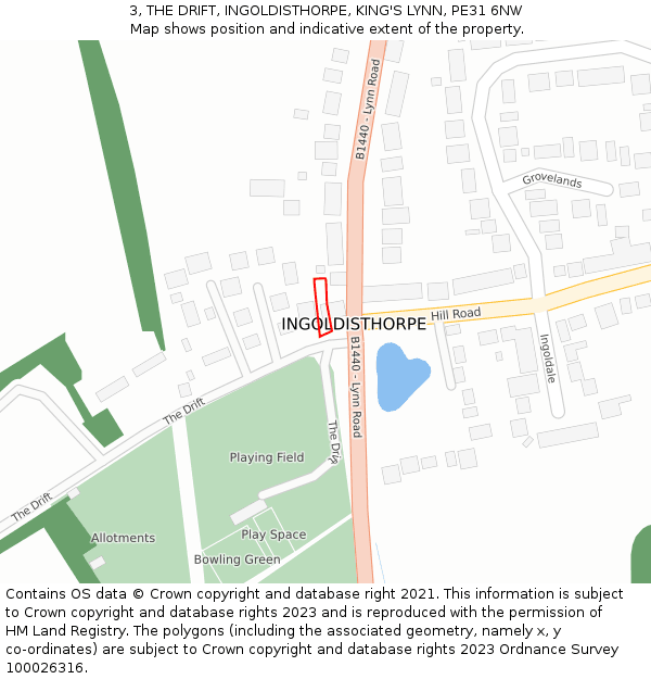 3, THE DRIFT, INGOLDISTHORPE, KING'S LYNN, PE31 6NW: Location map and indicative extent of plot