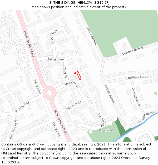 3, THE SIDINGS, HENLOW, SG16 6FJ: Location map and indicative extent of plot