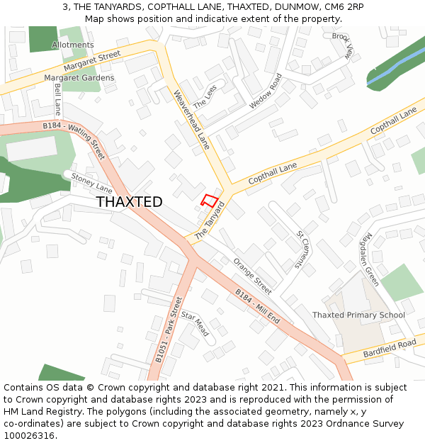 3, THE TANYARDS, COPTHALL LANE, THAXTED, DUNMOW, CM6 2RP: Location map and indicative extent of plot