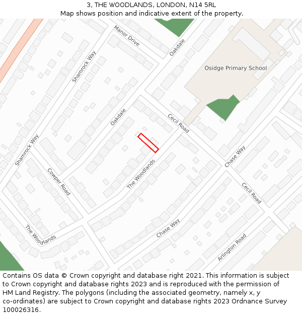 3, THE WOODLANDS, LONDON, N14 5RL: Location map and indicative extent of plot
