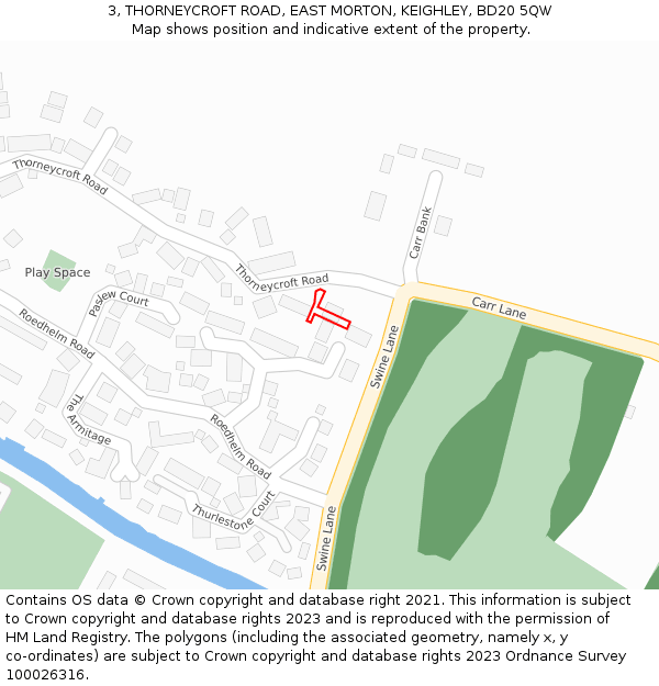 3, THORNEYCROFT ROAD, EAST MORTON, KEIGHLEY, BD20 5QW: Location map and indicative extent of plot