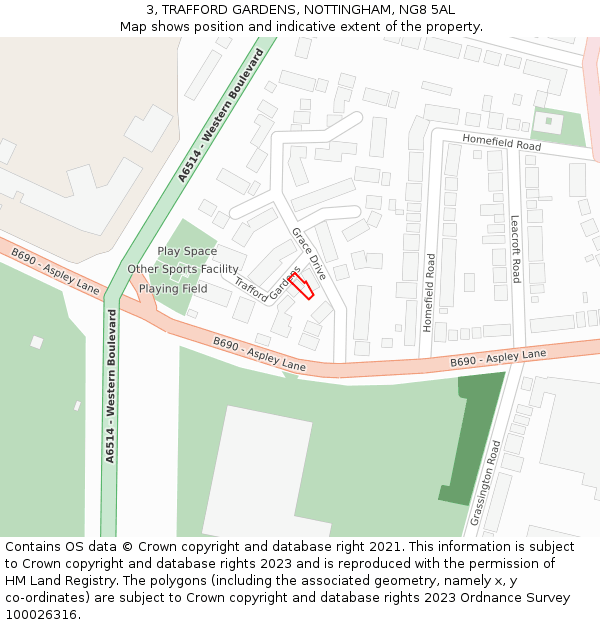 3, TRAFFORD GARDENS, NOTTINGHAM, NG8 5AL: Location map and indicative extent of plot