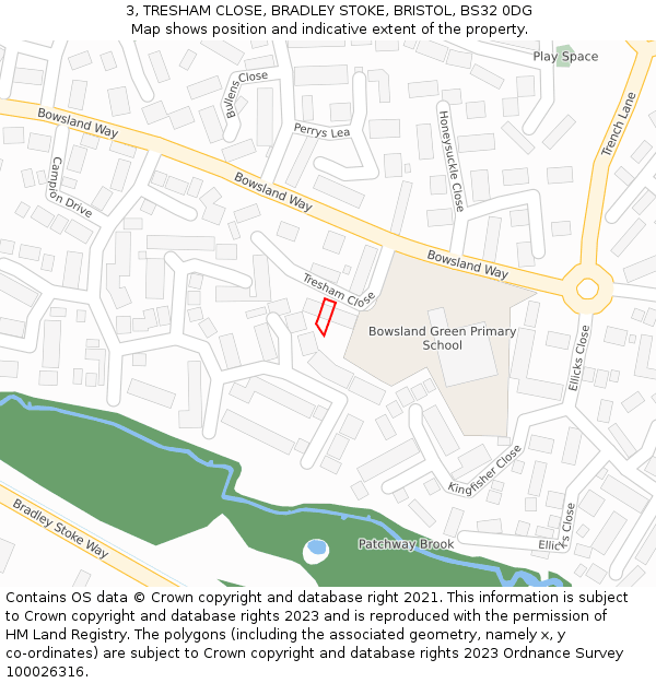 3, TRESHAM CLOSE, BRADLEY STOKE, BRISTOL, BS32 0DG: Location map and indicative extent of plot