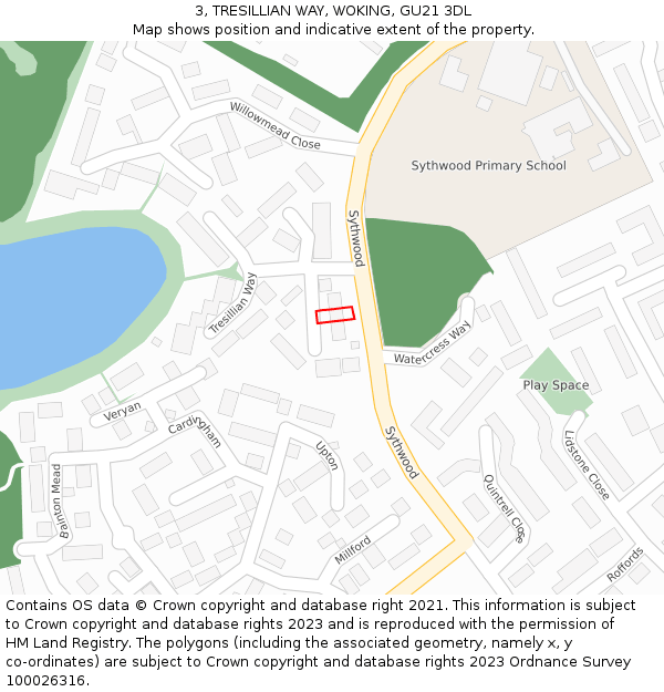 3, TRESILLIAN WAY, WOKING, GU21 3DL: Location map and indicative extent of plot
