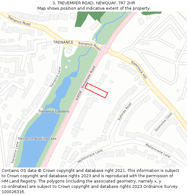 3, TREVEMPER ROAD, NEWQUAY, TR7 2HR: Location map and indicative extent of plot