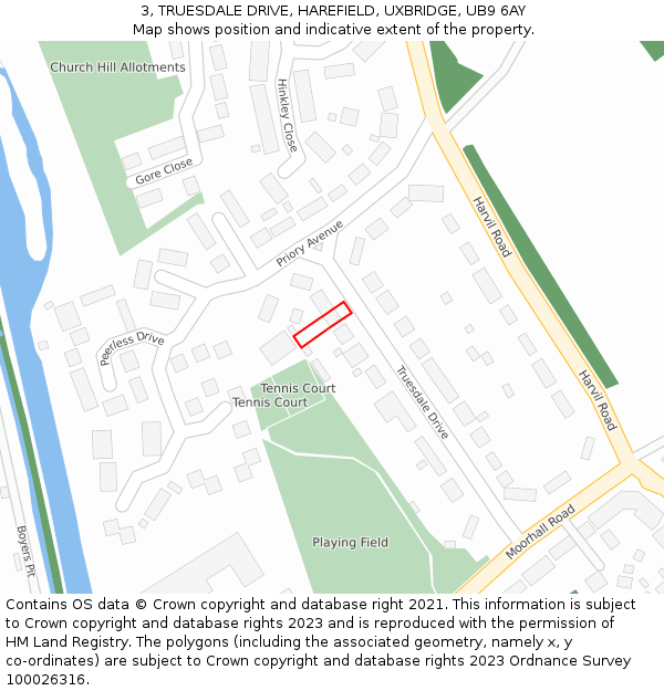 3, TRUESDALE DRIVE, HAREFIELD, UXBRIDGE, UB9 6AY: Location map and indicative extent of plot