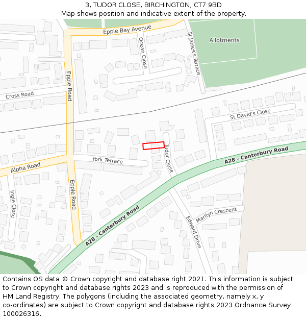 3, TUDOR CLOSE, BIRCHINGTON, CT7 9BD: Location map and indicative extent of plot