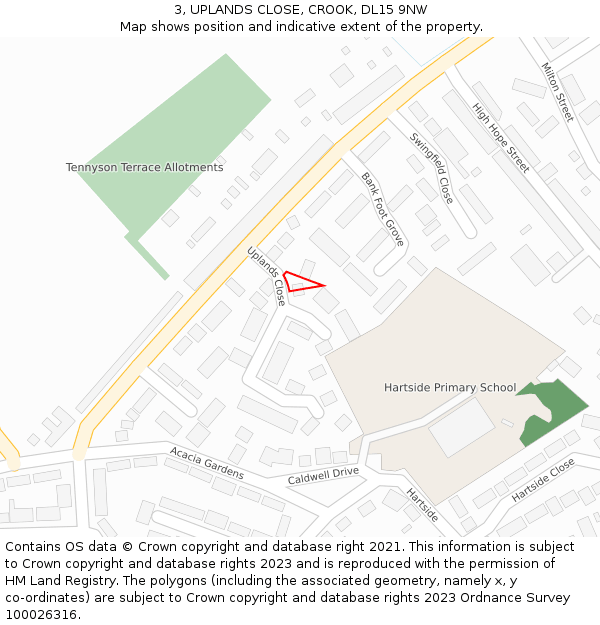 3, UPLANDS CLOSE, CROOK, DL15 9NW: Location map and indicative extent of plot