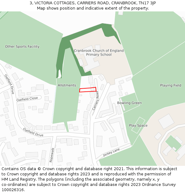3, VICTORIA COTTAGES, CARRIERS ROAD, CRANBROOK, TN17 3JP: Location map and indicative extent of plot