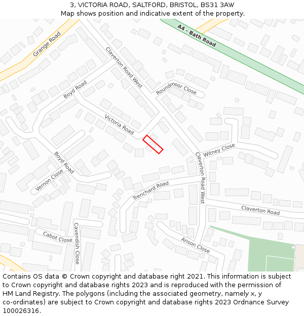 3, VICTORIA ROAD, SALTFORD, BRISTOL, BS31 3AW: Location map and indicative extent of plot