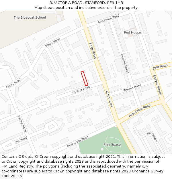 3, VICTORIA ROAD, STAMFORD, PE9 1HB: Location map and indicative extent of plot