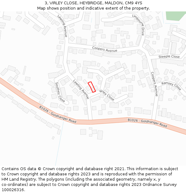 3, VIRLEY CLOSE, HEYBRIDGE, MALDON, CM9 4YS: Location map and indicative extent of plot