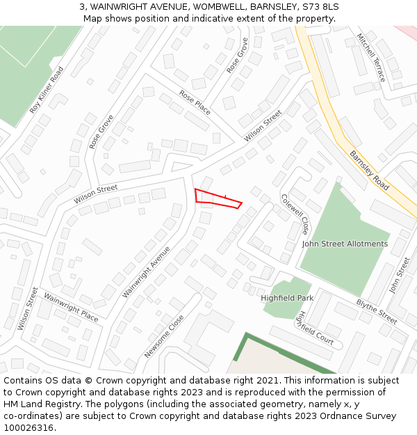 3, WAINWRIGHT AVENUE, WOMBWELL, BARNSLEY, S73 8LS: Location map and indicative extent of plot