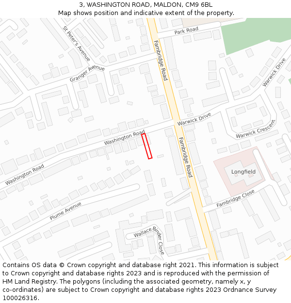 3, WASHINGTON ROAD, MALDON, CM9 6BL: Location map and indicative extent of plot