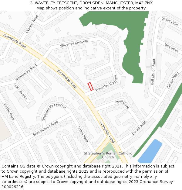 3, WAVERLEY CRESCENT, DROYLSDEN, MANCHESTER, M43 7NX: Location map and indicative extent of plot