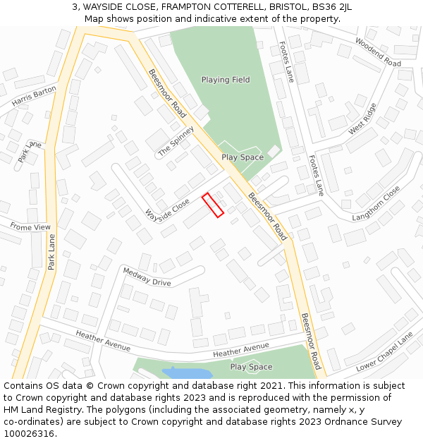 3, WAYSIDE CLOSE, FRAMPTON COTTERELL, BRISTOL, BS36 2JL: Location map and indicative extent of plot