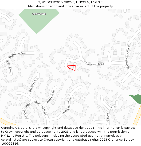 3, WEDGEWOOD GROVE, LINCOLN, LN6 3LT: Location map and indicative extent of plot