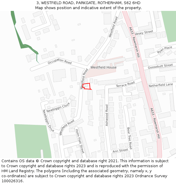 3, WESTFIELD ROAD, PARKGATE, ROTHERHAM, S62 6HD: Location map and indicative extent of plot