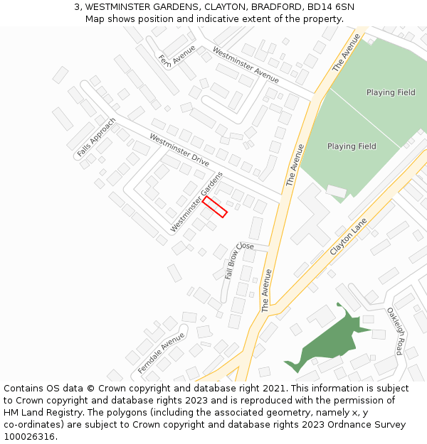3, WESTMINSTER GARDENS, CLAYTON, BRADFORD, BD14 6SN: Location map and indicative extent of plot