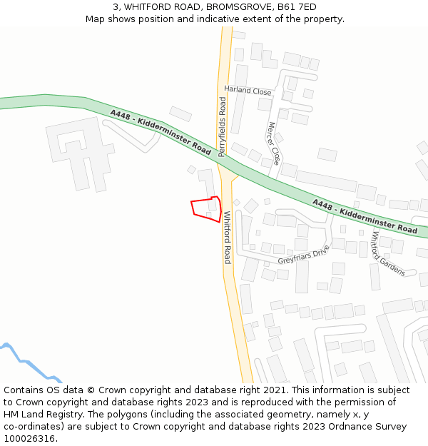 3, WHITFORD ROAD, BROMSGROVE, B61 7ED: Location map and indicative extent of plot