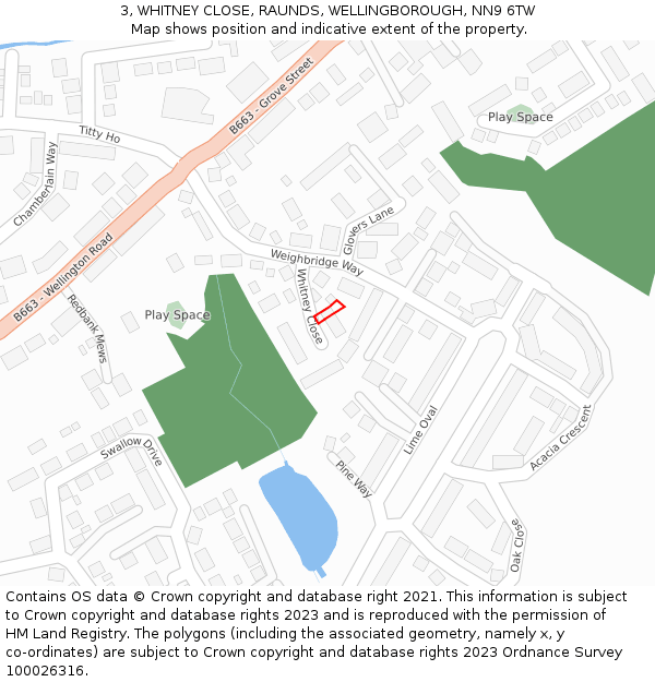 3, WHITNEY CLOSE, RAUNDS, WELLINGBOROUGH, NN9 6TW: Location map and indicative extent of plot