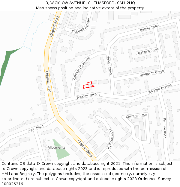 3, WICKLOW AVENUE, CHELMSFORD, CM1 2HQ: Location map and indicative extent of plot